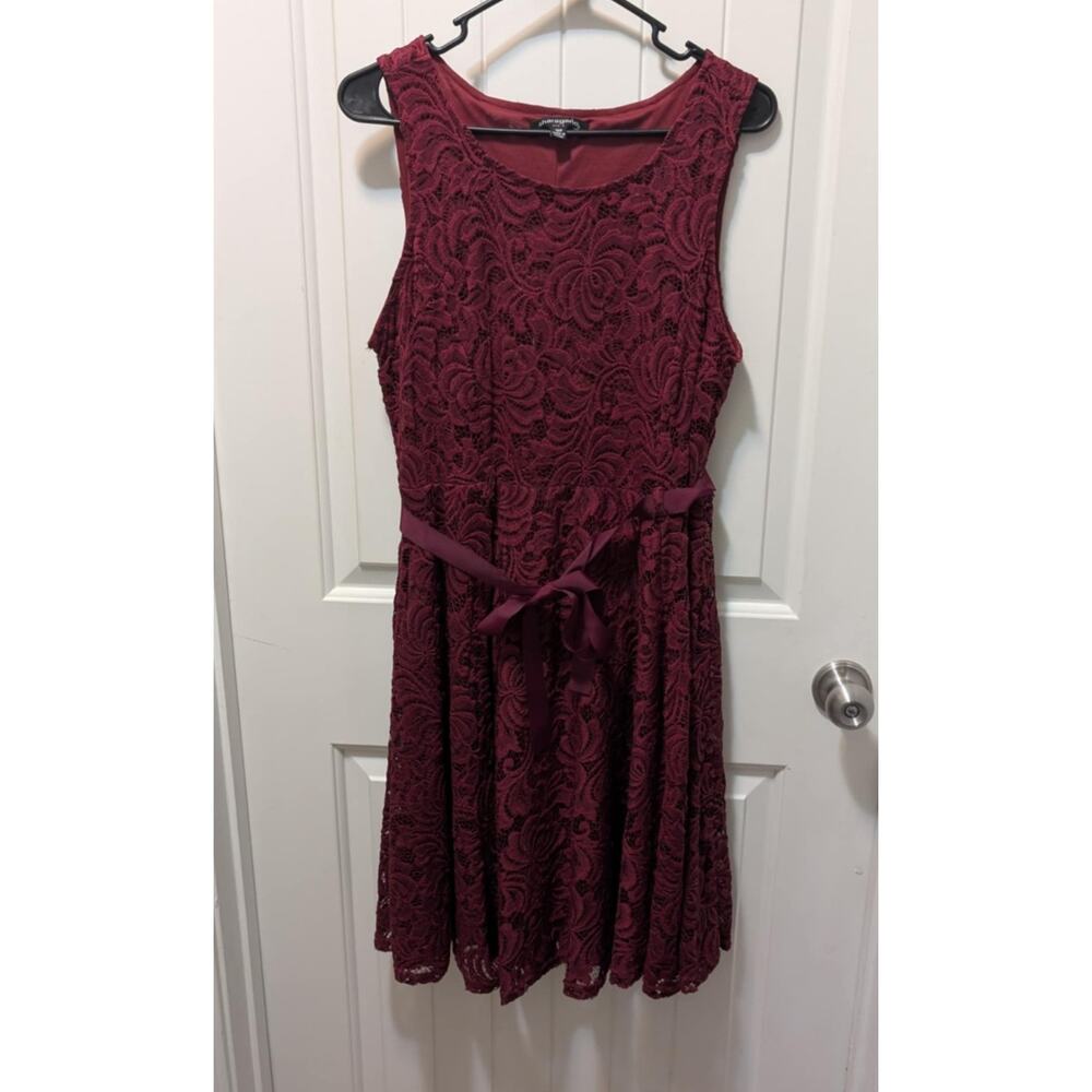 Sharagano Sleeveless Floral Lace Tie Waist Ribbon Sheath Dress Autumn Wine 14P